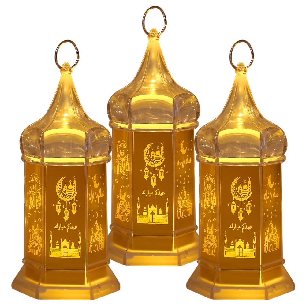 Zoydp Light/Yellow Ramadan Candle Lantern, 3Pcs Ramadan Decorations Lantern, Battery Operated Ramadan Lantern, Moroccan Lantern, Ramadan Decorations For Home, Hanging Ramadan Mubarak Lantern For Muslim Party Decor