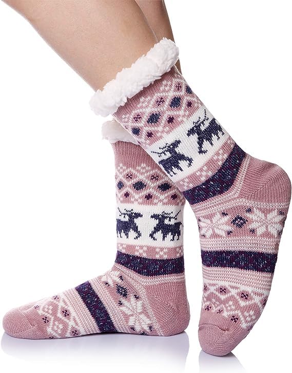 Starvis Fluffy Thermal Sherpa Slipper Socks, Ultra Soft Christmas Winter Non Skid Snowflake Fleece white soft terry fur Lining Knit Thick thermal Warm Christmas (Assorted Mix design) (Pack of 1) 2