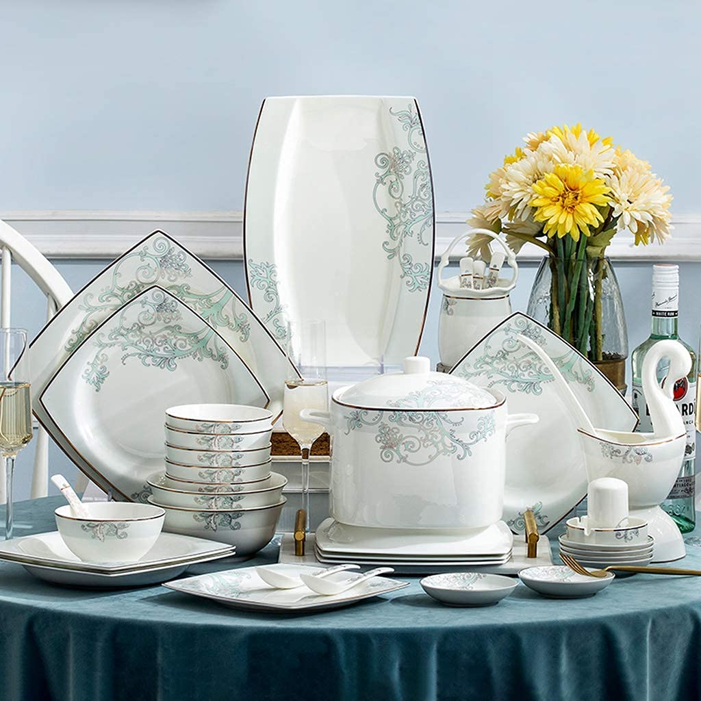 Lavendre Porzellan-Geschirr-Set, 58-teilig, Bone China, Weiß, Speiseteller, Teller, Suppentopf, Keramik-Geschirr-Set, mit Goldrand und handbemaltem Gold, für den täglichen Gebrauch, ideal als Geschenk Küche, Haushalt & Wohnen