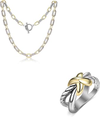 Two Tone Link Chain Necklaces and Chunky Silver Statement Rings for Women, Gold and Silver Adjustable Necklaces Gold Rings Vintage Ring Costume Jewelry