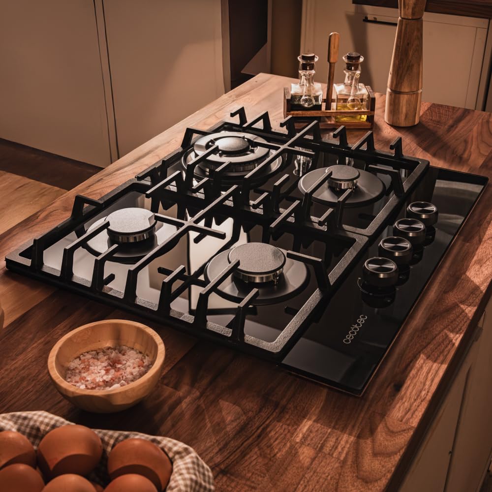 Cecotec Piano cottura a gas Bolero Squad G 4200F Glass Black. 8000W, 4 fuochi, cristallo nero, griglie in ghisa, bruciatore WOK tripla corona, accensione elettrica, sistema sicurezza valvole.
