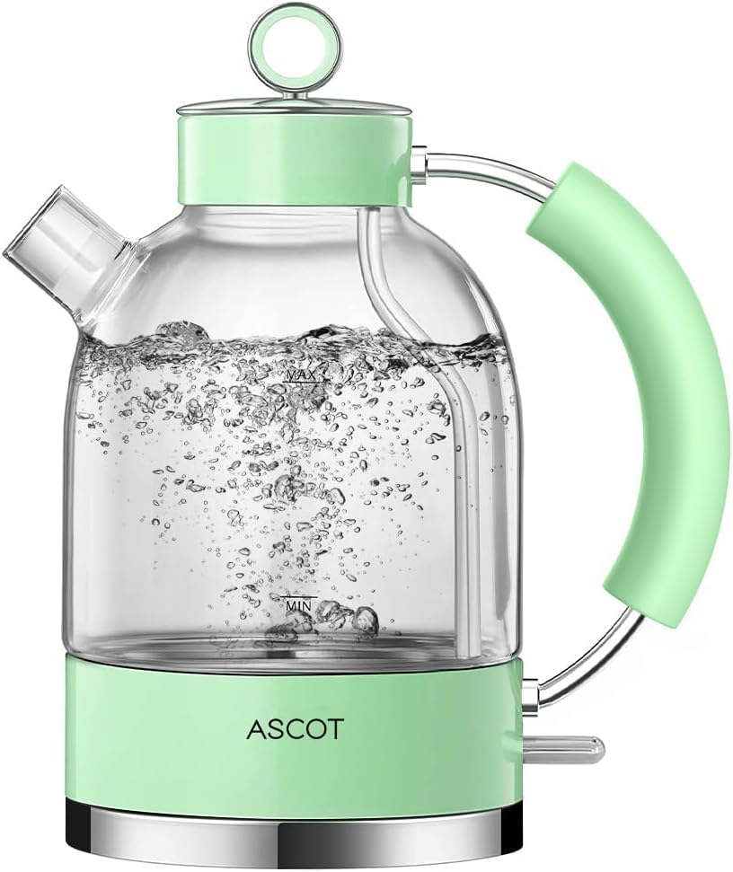 ASCOT Electric Kettle, Glass Electric Tea Kettle, Gift for Man/Women/Family, 1.5L Glass Tea Heater & Hot Water Boiler, BPA-Free, Auto Shut-Off and Boil-Dry Protection (Green)