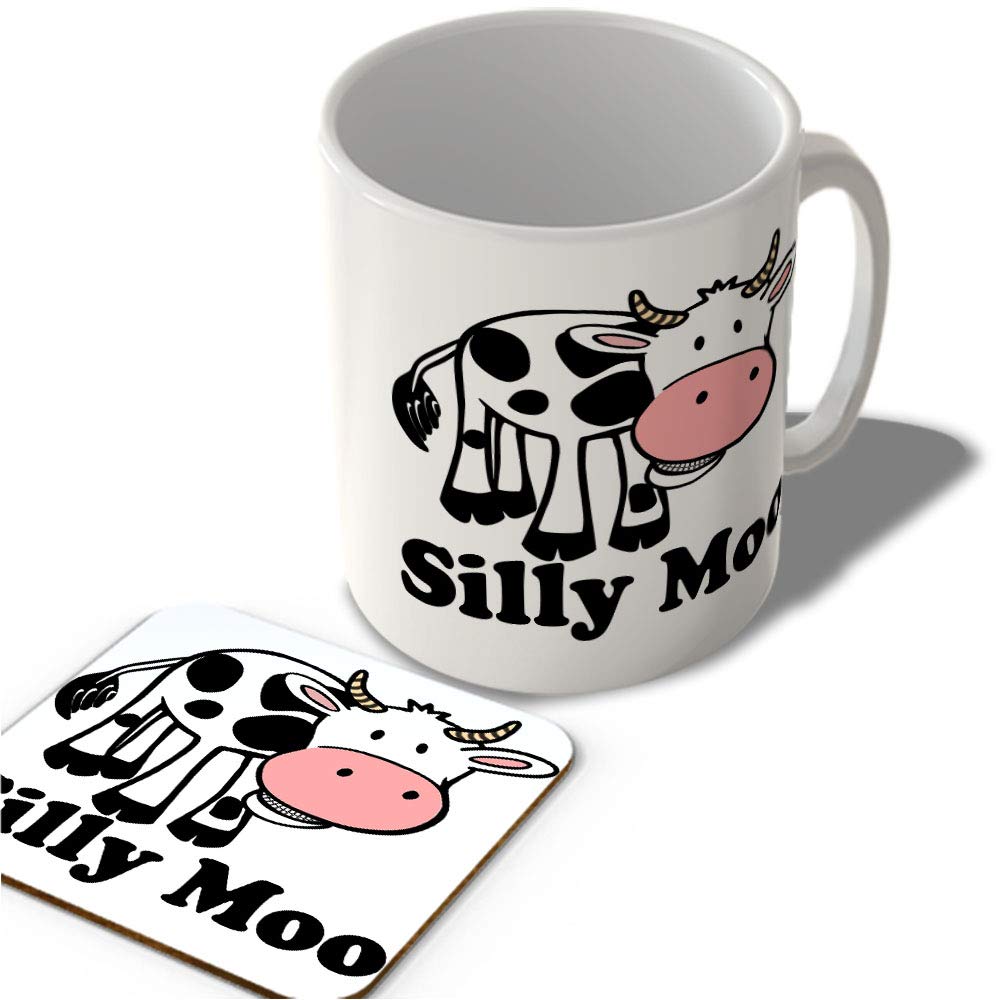 Mcmug White - Silly Moo - Mug And Coaster Set, Ceramic, 11Fl.oz.