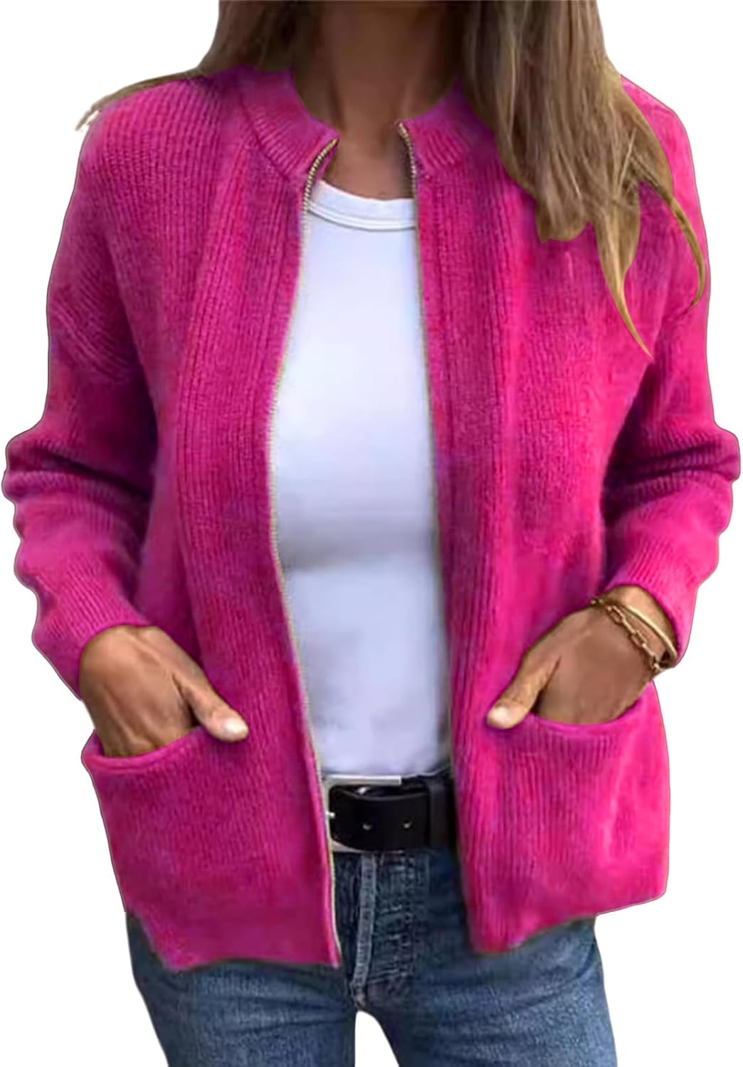 Knit Cardigans for Women Lightweight Crew Neck Zip Up Sweater Coat Casual Loose Fit Solid Color Long Sleeve Jackets