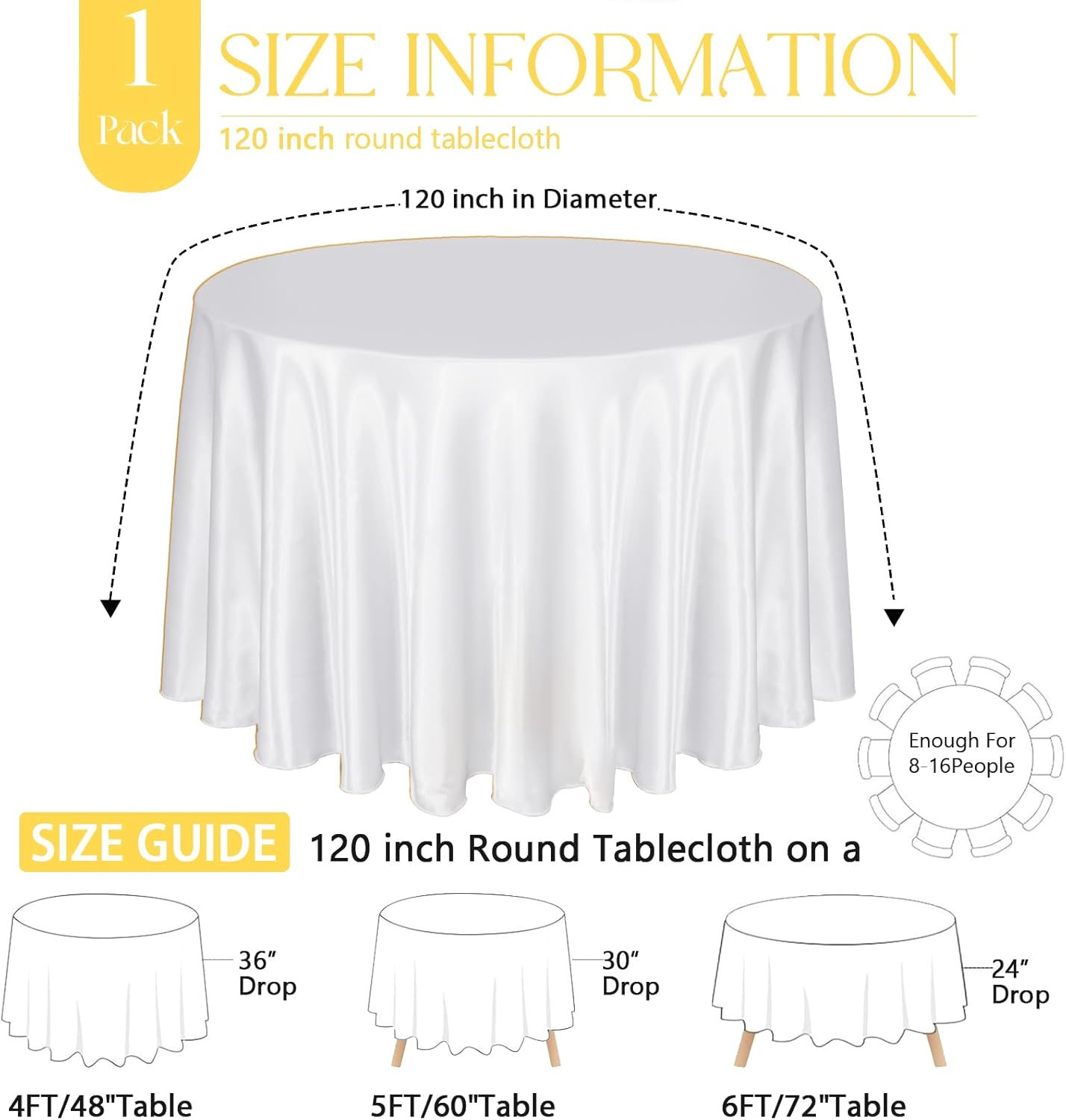 KKJIAF 1 Pack 120 Inch Round Tablecloth Satin White Round Table Cover, Silky Satin Dining Table Cloth for Wedding, Party, Banquet, Restaurant, Formal Events - Image 2