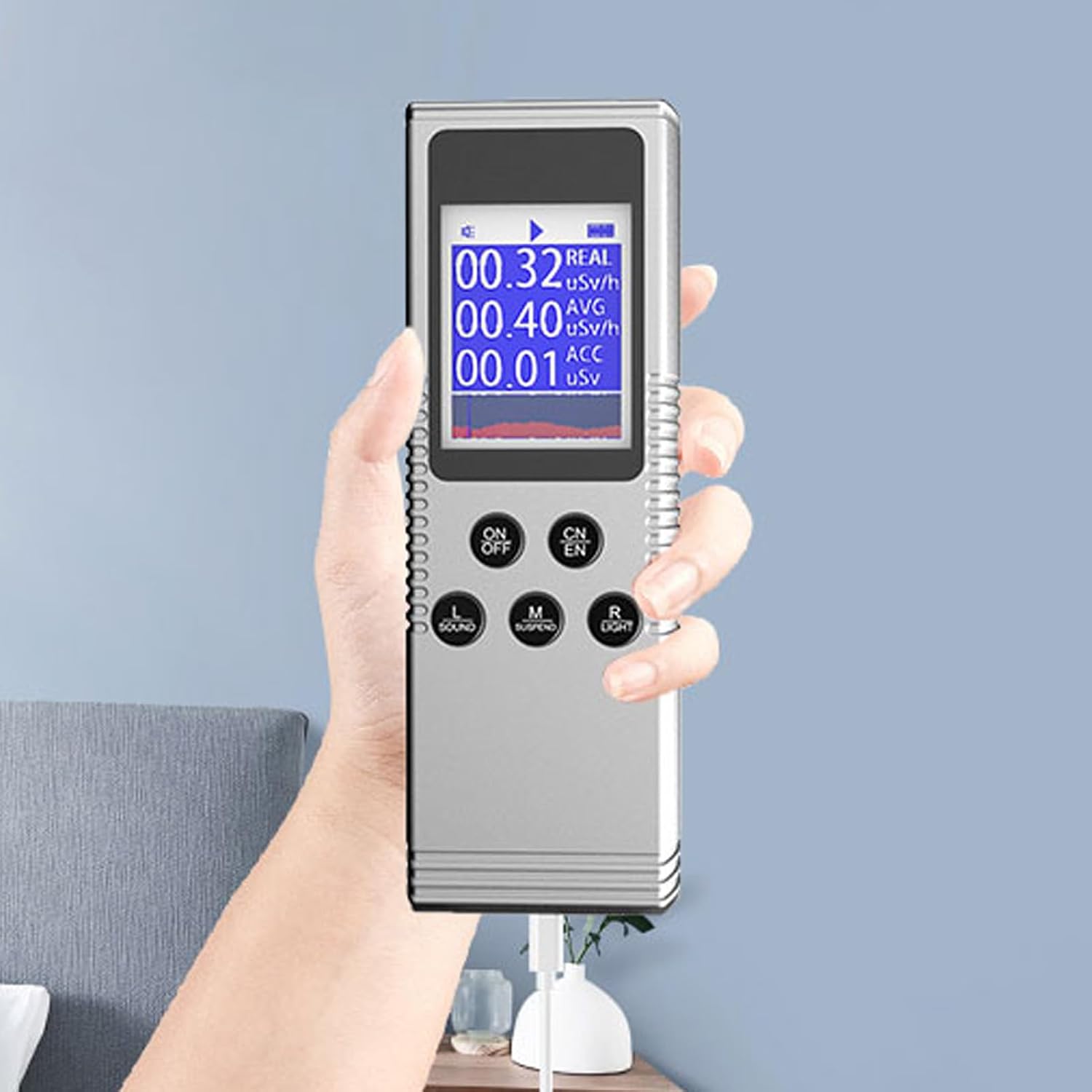 Digital Radiation Counter Nuclear Radiation Detector Monitor β γ X Pen Clip Dosimeter with Sound Light Alarm 5V 1A for Home Decoration (Silver White)