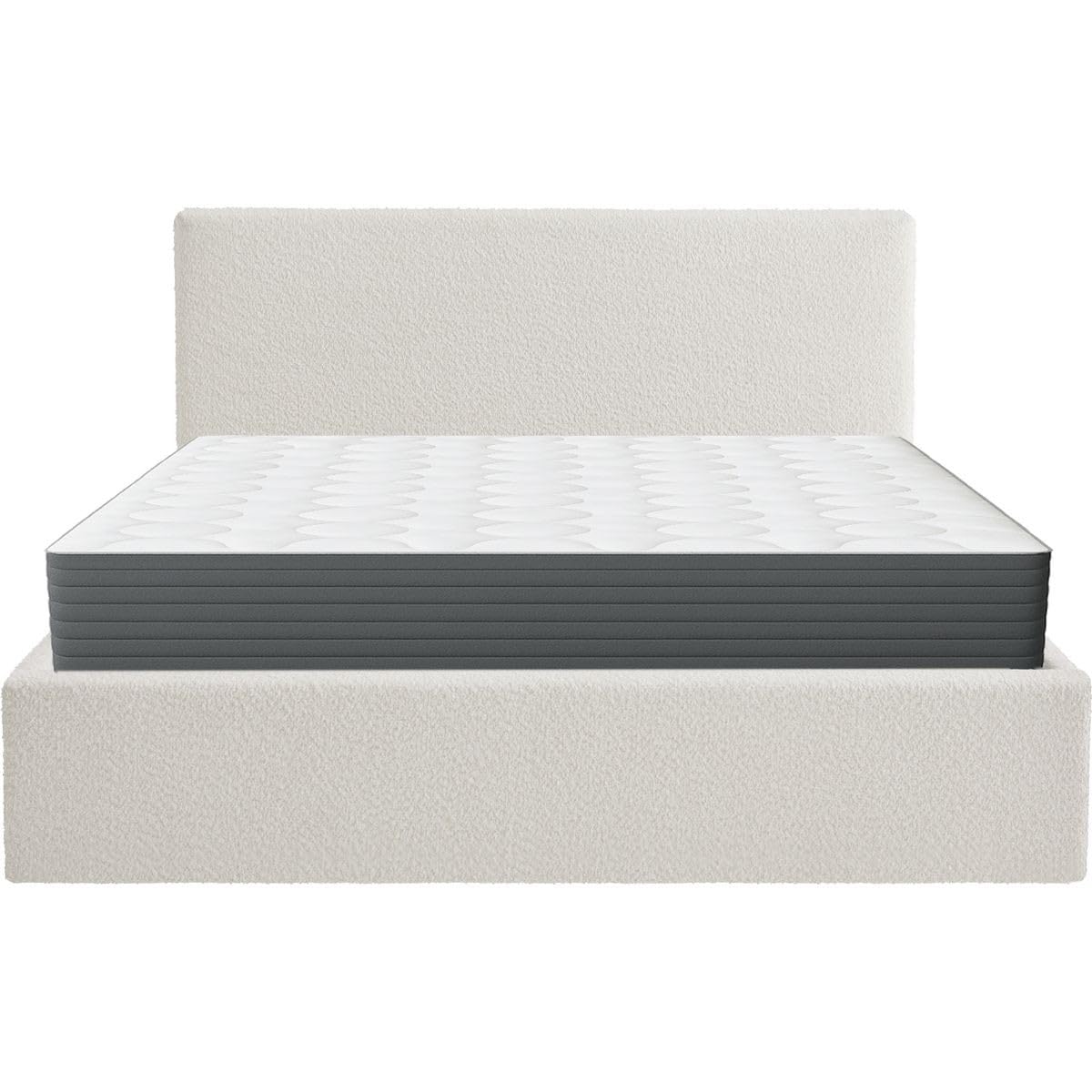 HOMIFAB Ensemble Lit Coffre Adulte 140x190cm avec tête de lit en Tissu bouclé Beige - Tina + Matelas mémoire de Forme - Memo HR