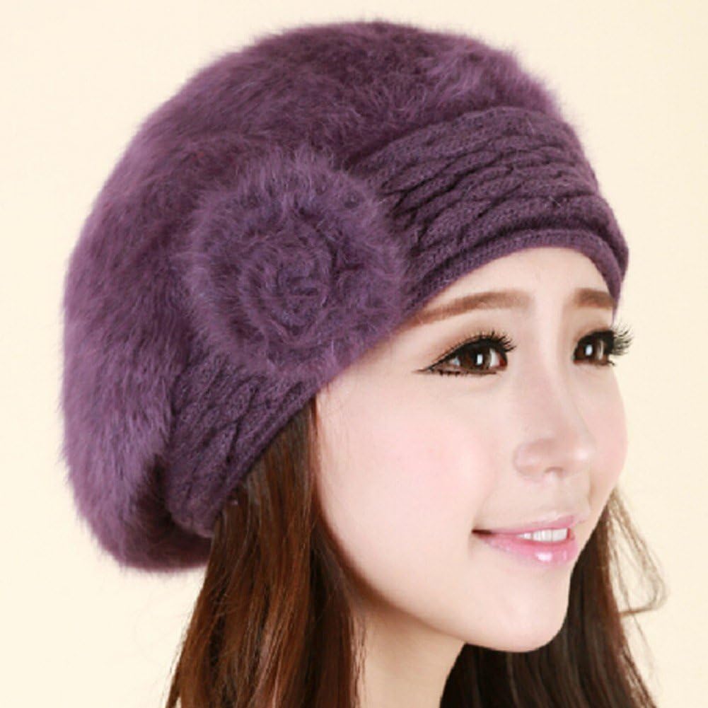 Merryfun Women's Winter Warm Stylish Protective Ear Cap Warm Snowboarding Hats Rabbit Hair Crochet Flower Knit Beret Cap (Purple)