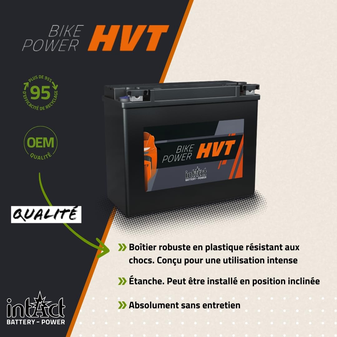 intAct - HVT BATTERIE DE MOTOCYCLE | Batterie pour scooter, moto, etc. Batterie sans entretien & anti-fuite. | HVT-07, CHD4-12, 66007-84, batterie 12V, 30 AH (c20), 350 A (EN) | Dim: 205x130x165mm