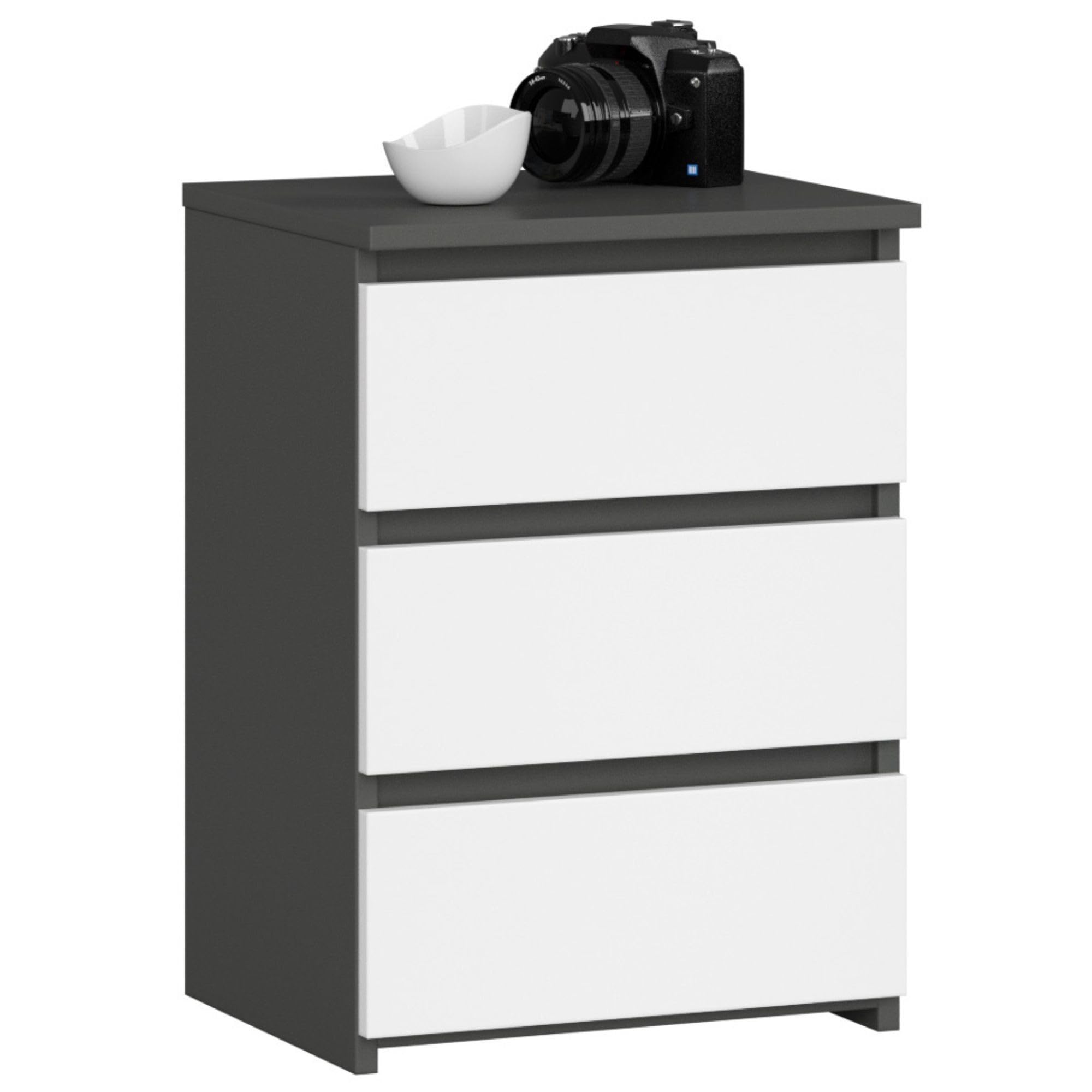AKORD | Mesita de Noche CL-3 con 3 cajones | Sala de Estar, Dormitorio, Armario, Oficina y Estudio | Diseño Moderno y Funcional | 35 x 40 x 57 cm, 26 kg | Gris Grafito/Blanco