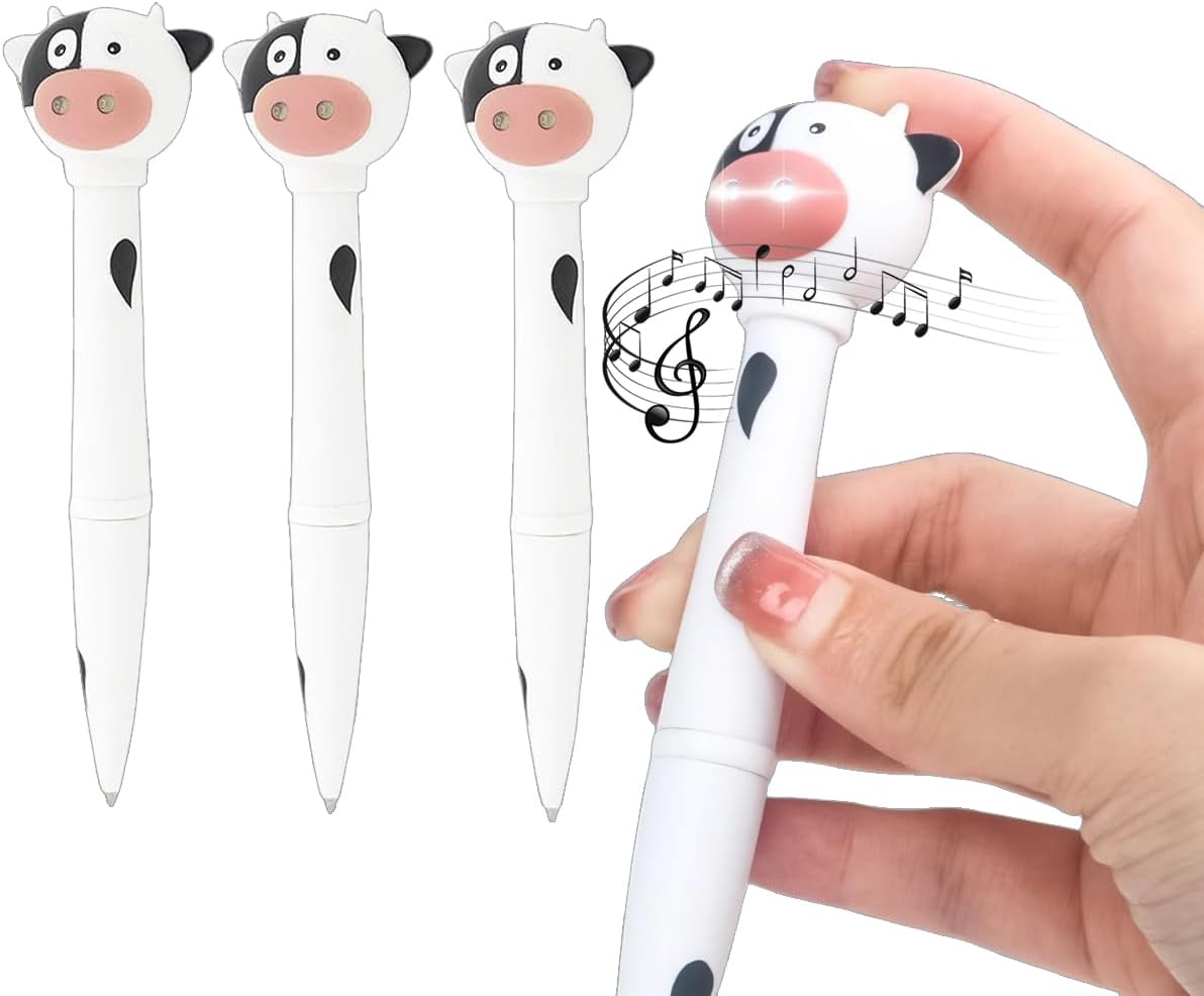 Cow Pen with Mooing Sound and Led Light, Cute Cow Print Pens, Black ink refill, Funny Cow Gifts for Women Girls Kids (3Pcs)