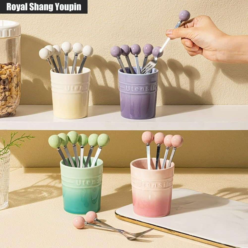 Ceramics Stainless Steel 304 Fruit Fork for Household Light Luxury Children's Dessert Small Fork Set Candy Color Storage Can Fruit Stick (Pink)