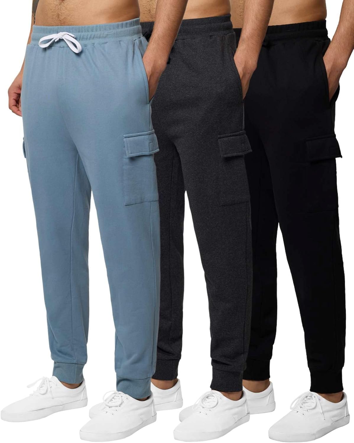 3 Pack: Men's Cotton Fleece Cargo Jogger Sweatpants with Pockets