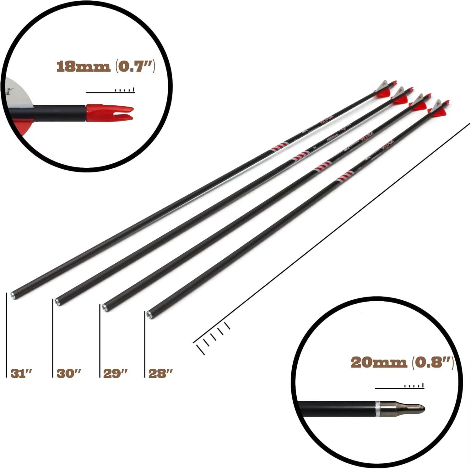 12PCS Archery Hunting 28"/29"/30"/31" Carbon Arrow 400 Spine with 2.5″ Vanes Removable Field Tips for Compound Bow & Recurve Bow