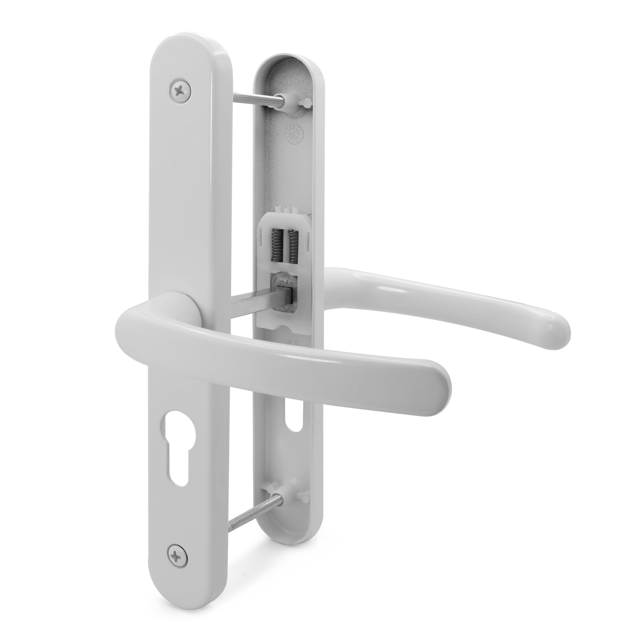 TSS UPVC Door Handle Set, 48mm PZ (Centres), Lever/Lever, Screw to Screw 200mm with Backplate 250mm x 34mm - Replacement PVC Door Handle (White)