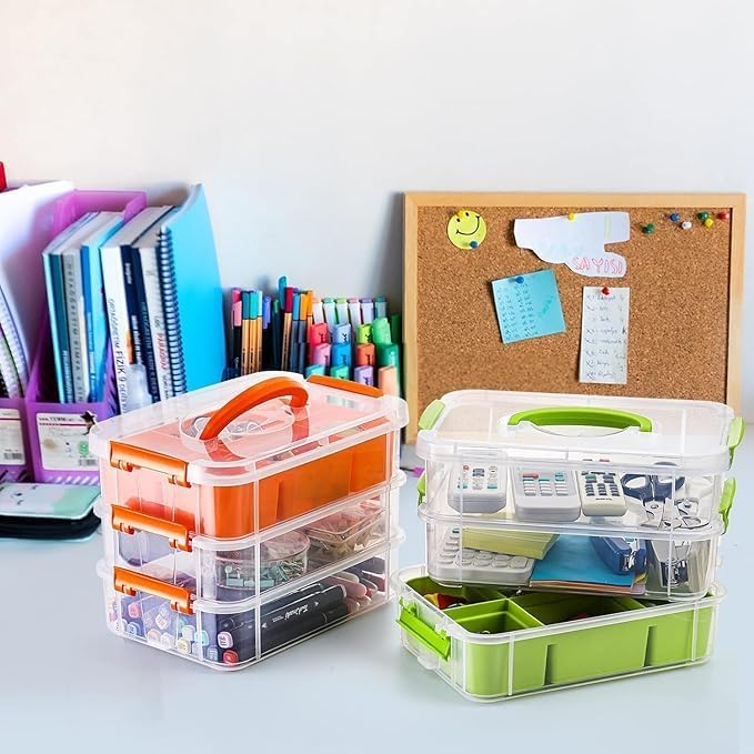 Image of Xmart India 4-Layer Plastic Storage Box and Organiser, Multipurpose Clear Stack & Carry Box, Portable Craft Storage Organiser, Sewing Storage Bin, Stationery & Jewellery Organisers Box(Multicolor)