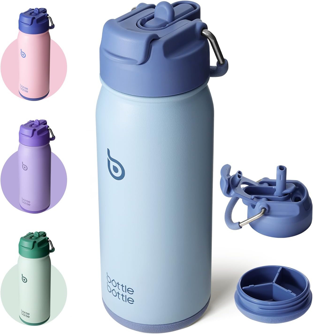 16 oz sports water bottle stainless steel insulated kids water bottle with straw and pills holder for gifts and school(blue)