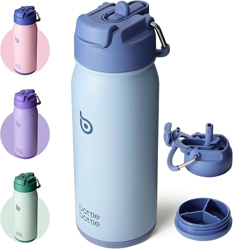 BOTTLE BOTTLE Stainless Steel Kids Water Bottle 16oz(470ml) Insulated Sports Water Bottle with Straw and Pills Holder for Gifts and School(Blue)