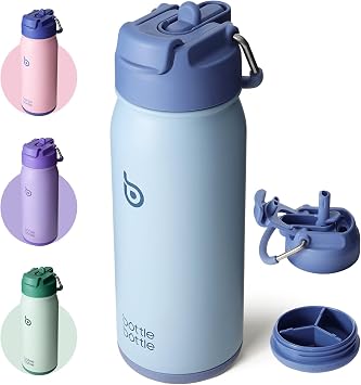 BOTTLE BOTTLE Stainless Steel Kids Water Bottle 16oz470ml Insulated Sports Water Bottle with Straw and Pills Holder for Gifts and School Blue