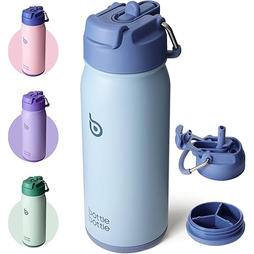 BOTTLE BOTTLE 16 oz sports water bottle stainless steel insulated kids water bottle with straw and pills holder for gifts and school（blue）