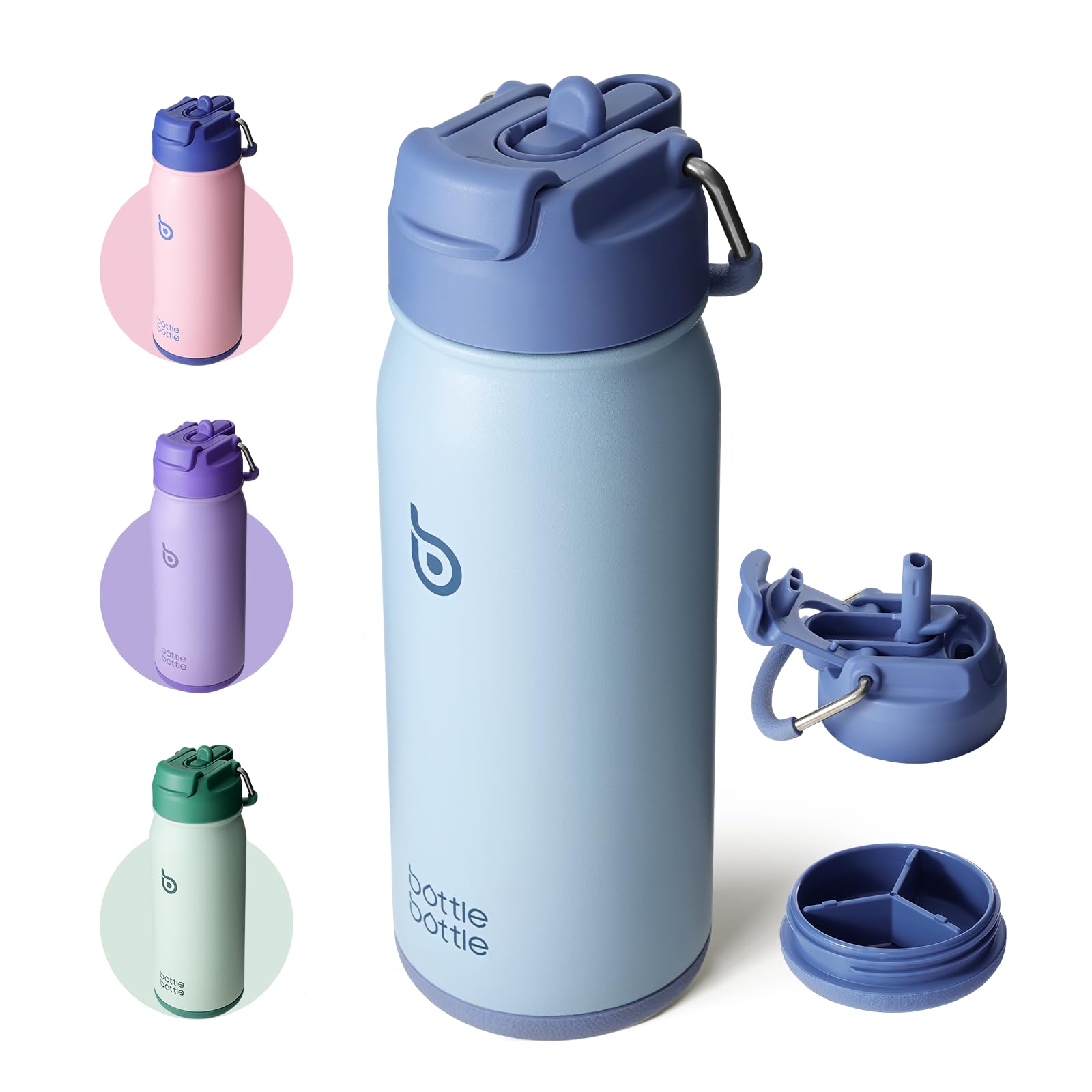 BOTTLE BOTTLE Stainless Steel Kids Water Bottle 16oz(470ml) Insulated Sports Water Bottle with Straw and Pills Holder for Gifts and School（Blue）