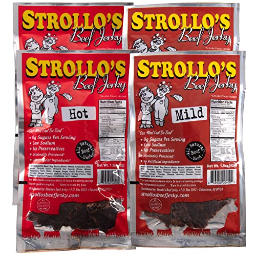 Strollo's Beef Jerky Snack Packs - Hot and Mild 4 Pack - 1.5oz Each- Low Sodium, Low Sugar, Low Carb - Made with All Natural USA Beef, USDA Certified- 2 of Each Flavor