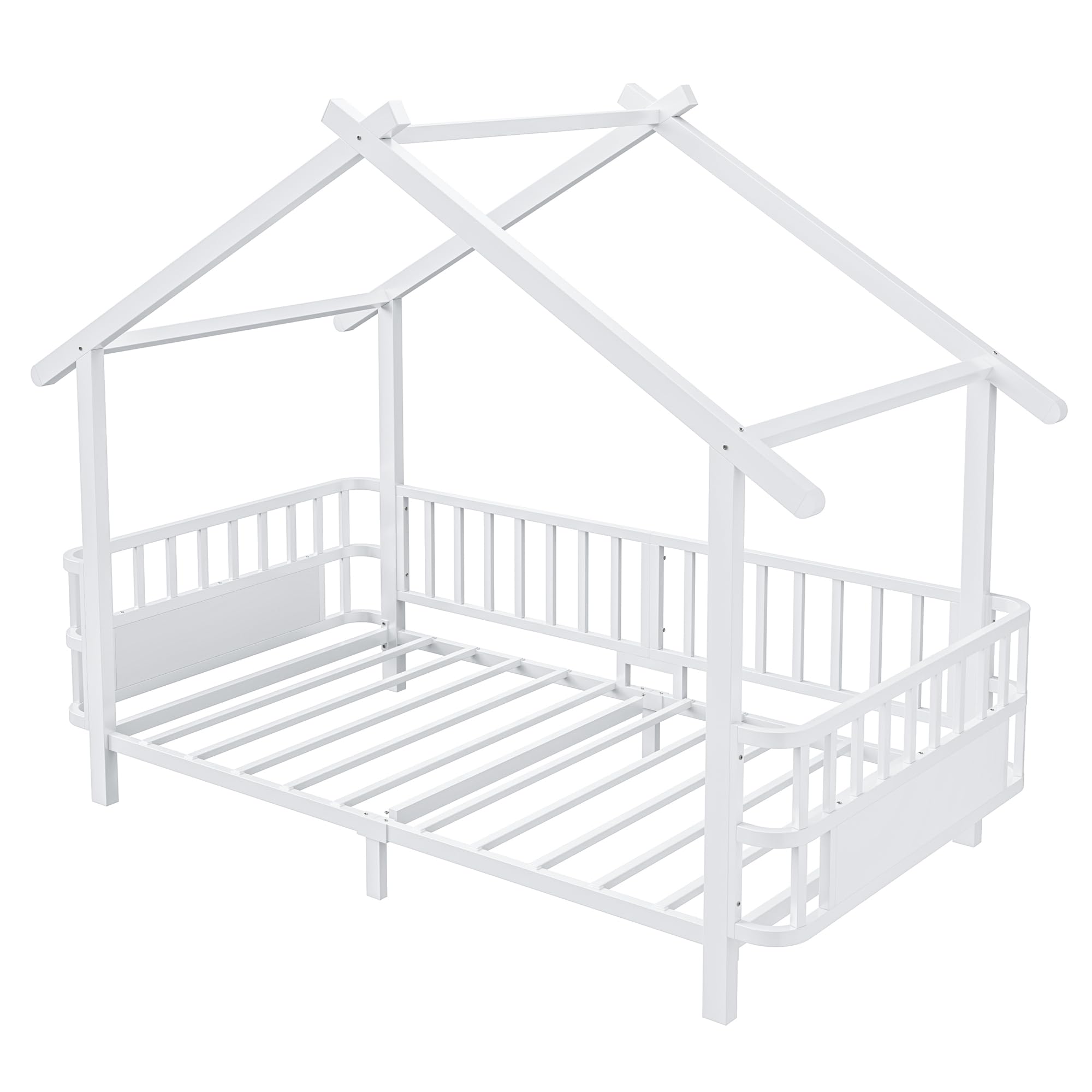 Merax Kinderbett aus Metall in Hausform 90x200 cm mit Sicherheitsgitter & Dachdesign – Weiß (Ohne Matratze)