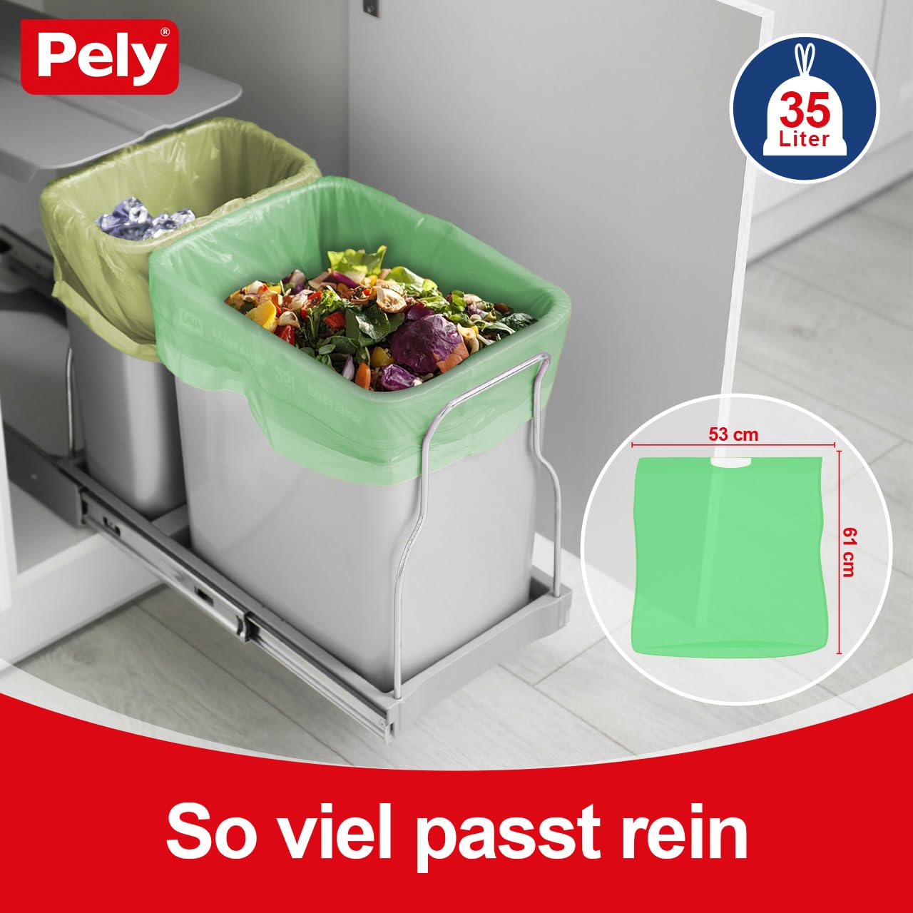 PELY Bio Kompostbeutel 35 Liter, Vorteilspack (16 x 6 Stück), biologisch abbaubare Abfallbeutel, extra reißfest & dicht, perfekt für Biomüll in der Küche