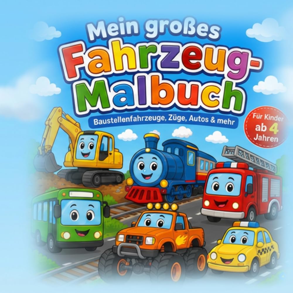 Mein großes Fahrzeug-Malbuch: Baustellenfahrzeuge, Züge, Autos & mehr für Kinder ab 4 Jahren: Baustellenfahrzeuge, Züge, Autos & mehr – großer Ausmalspaß für Kinder ab 4 Jahren