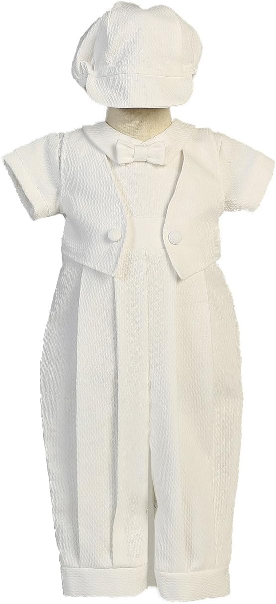 Boy Poly Cotton Long Romper with Sewn-on Vest for Christening with Matching Hat