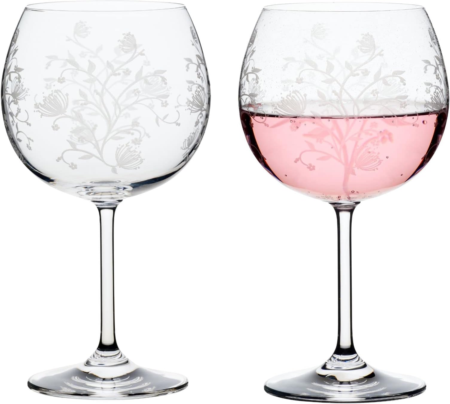 Muldale Floral Crystal Gin Glasses Set of 2 - Eleanor Design Etched Crystal Gin Goblets for Gin Lovers - 16oz Sangria Aperol Spritz Bowl Large Capacity - Premium Crystal Made In Europe
