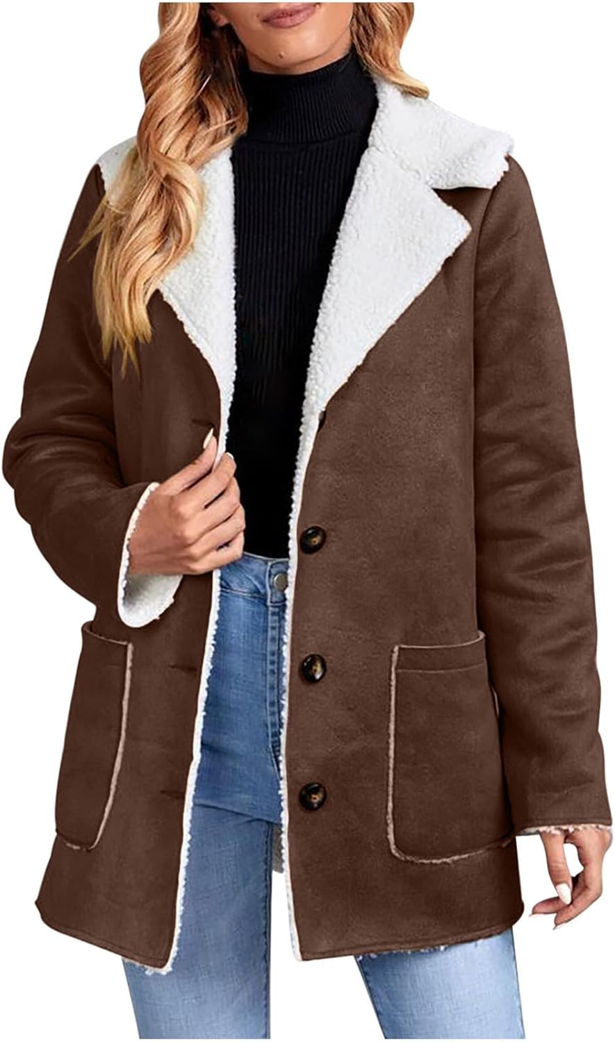 Women's Faux Suede Sherpa Trench Coat, Warm Sherpa Fleece Lined Jackets, Winter Warm Lapel Outwear, 2025 Trendy Outerwear