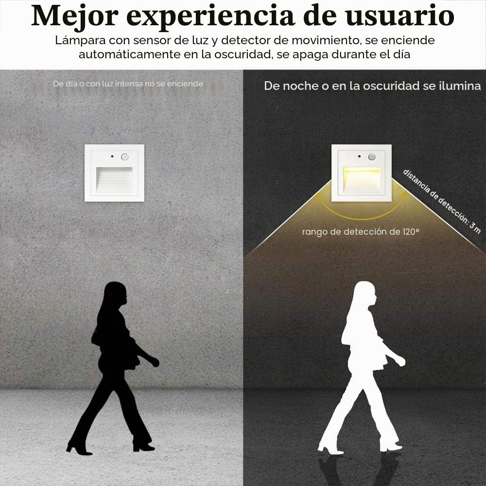 Juego de 4 luces LED empotrables para escaleras, aluminio, 3 W, 230 V, luz blanca cálida, iluminación exterior con detector de movimiento, lámpara de pared, IP65, resistente al agua