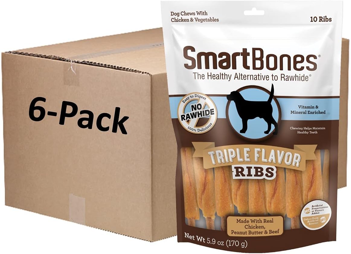 SmartBones Triple Flavor Ribs, 10 Count, Rawhide-Free Chews for Dogs. (Pack of 6)