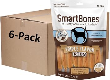 SmartBones Triple Flavor Ribs Rawhide-Free Dog Treats, 10 Count 6 Pack
