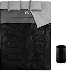 oaskys Saco de dormir duplo para adultos com 2 travesseiros – Queen Size GG Saco de dormir à prova d'água para todas as estações, acampamento, caminhada, mochilão, 2 pessoas, sacos de dormir para clima frio e quente