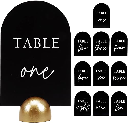 Miniatura 8 de Hanna Roberts Letreros modernos de medio círculo con número de mesa cursiva negra con soporte redondo para recepción de boda, restaurante, fiesta de