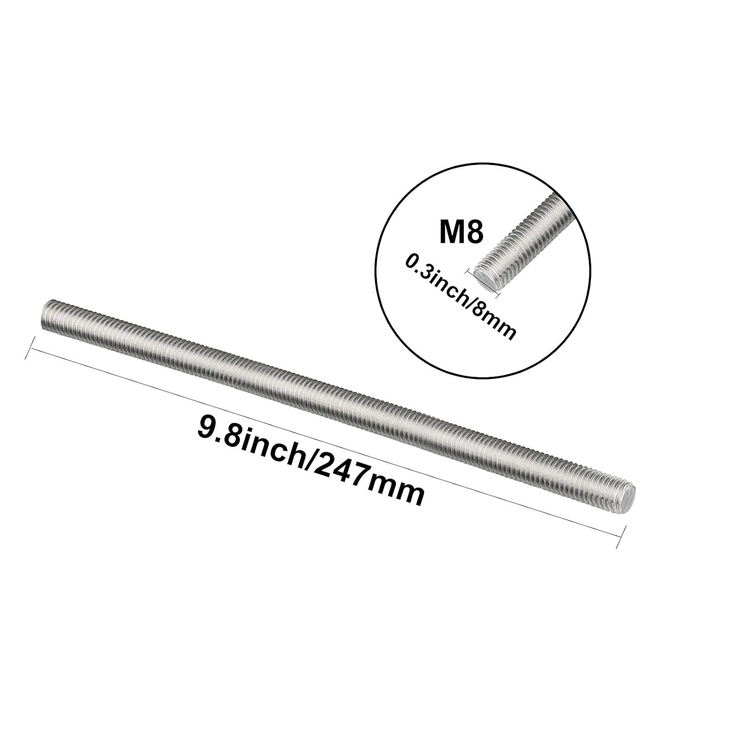 Acrux7 10 Pcs 304 Stainless Steel M8-1.25 Fully All Threaded Rod Studs, Long Threaded Screw, Right Hand Threads, 250mm Length