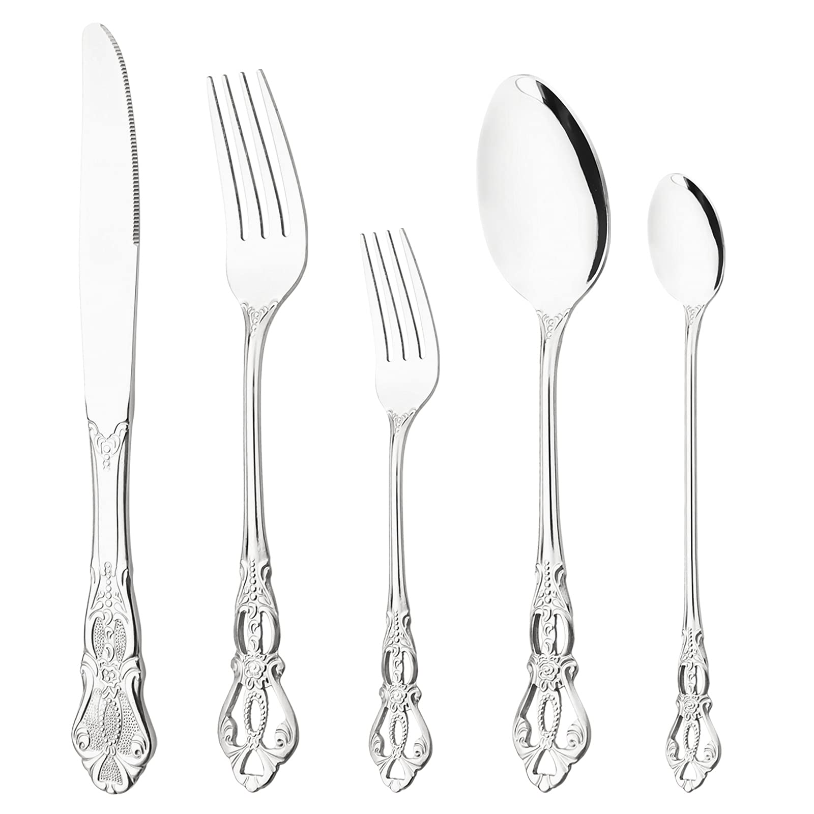 30-Piece Vintage Snplowum Luxury 18/0 Stainless Steel Tableware, Retro Cutlery Ideal For Home Wedding Festival Party Restaurant Dinner ( Shiny Silver )