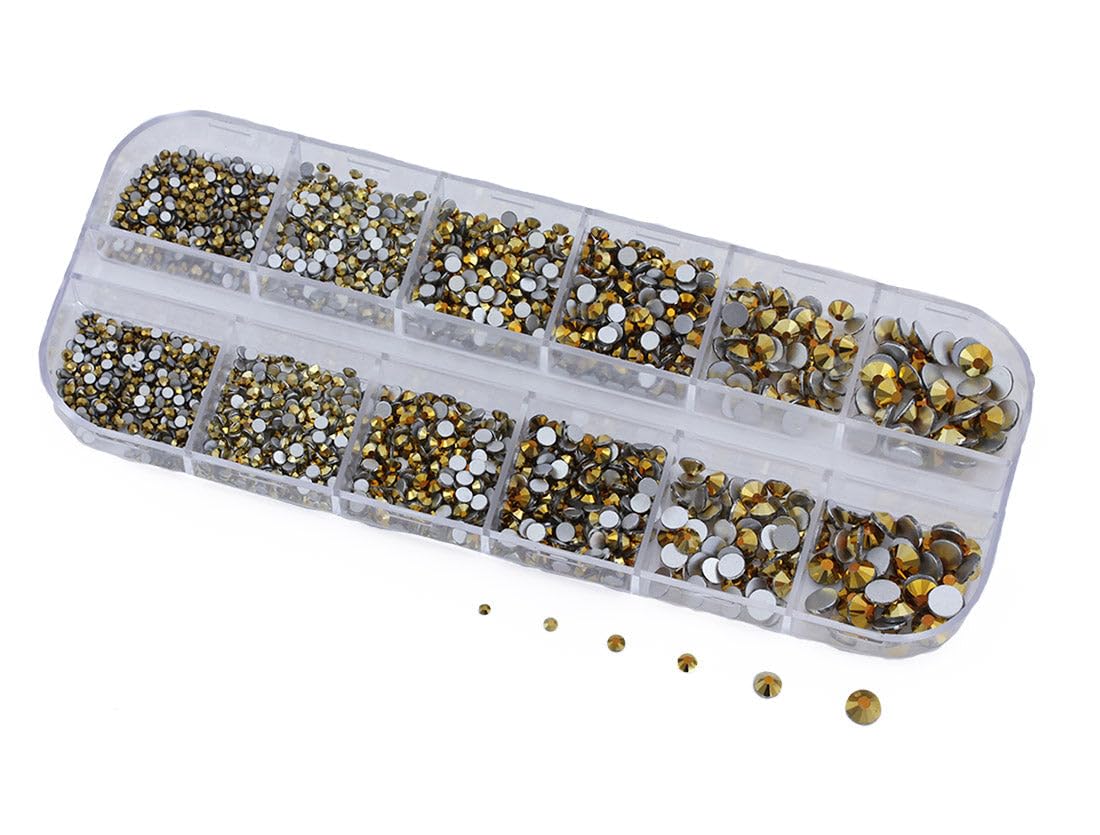 Over 2100 Pieces Gold Plated Flat Back Glass Rhinestones Crystals for Nail Art Kit 6 Sizes (1.4mm - 4.8mm)