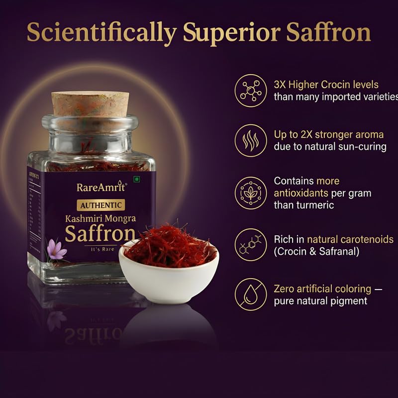 Image of Rareamrit Authentic Rare Kashmiri Mongra Saffron 2g, Pure Kesar, Saffron /Kesar for Pregnant Women, Kids, Biryani, Milk & Enhances Skin Health, Rich Aroma & Flavour,Hand Harvested & Sun Dried