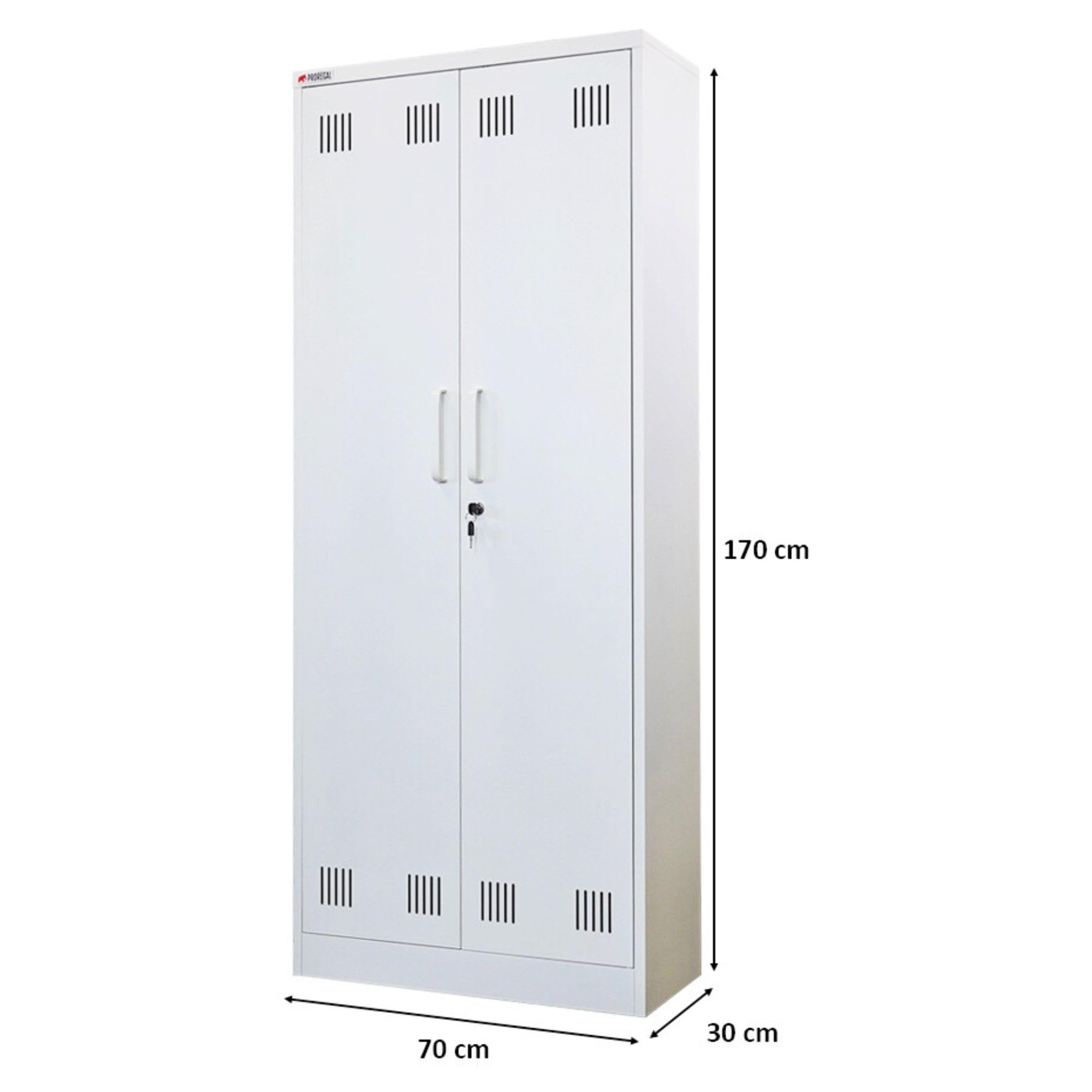 PROREGAL Putzmittelschrank Rhino Metall 2 Türen abschließbar Besenschrank schmal 170x70x30cm 5 Fächern & Kleiderstange Stahl Weiß Putzschrank Mehrzweckschrank Haushaltsschrank Flügeltürenschrank