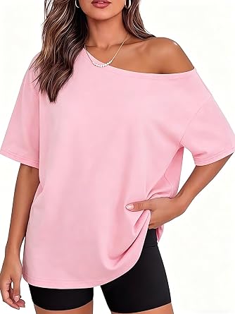 Eniloyal Off Shoulder Tops for Women Oversized Short Sleeve Summer Tshirts