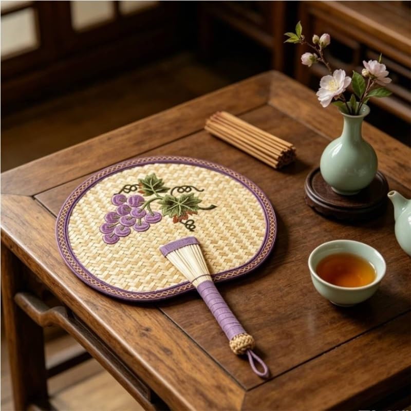 Handwoven Straw Hand Fan with Grape Embroidery Chinese Handheld for Cooling Home Decor
