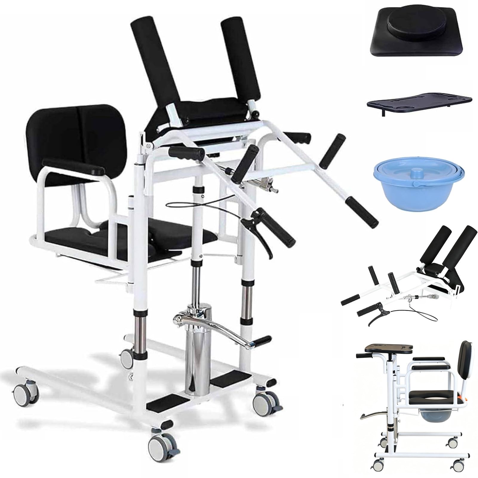 Joyfitness Hydraulic Patient Lift Transfer Chair for Home, Disabled Aids Nursing Chair, 180° Split Seat, Height 41-65cm, 4 Lockable Wheels, Removable Cushion & Bedpan, 440Lbs (200kg) Load