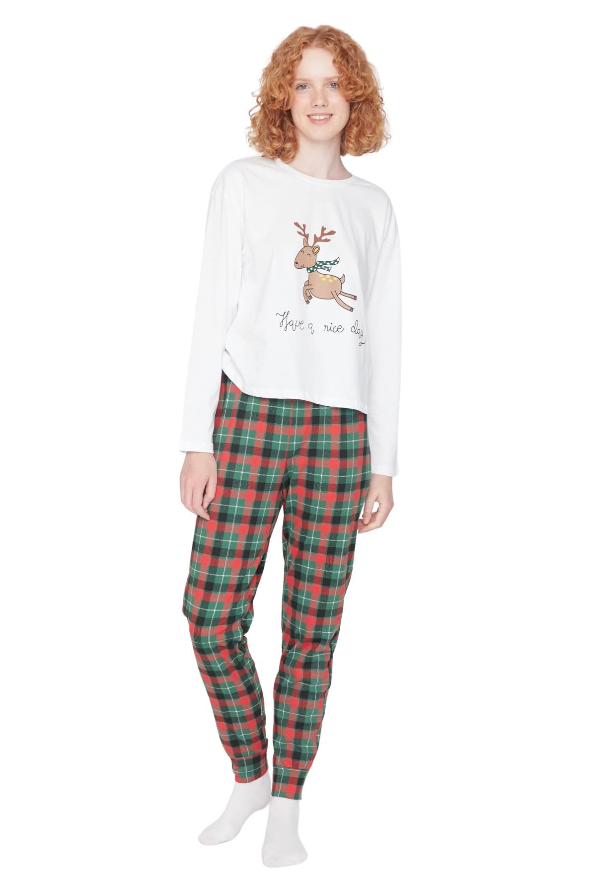 Trendyol Women's Multicolor Plaid Middle Knit T-Shirt-Trousers Pajama Set