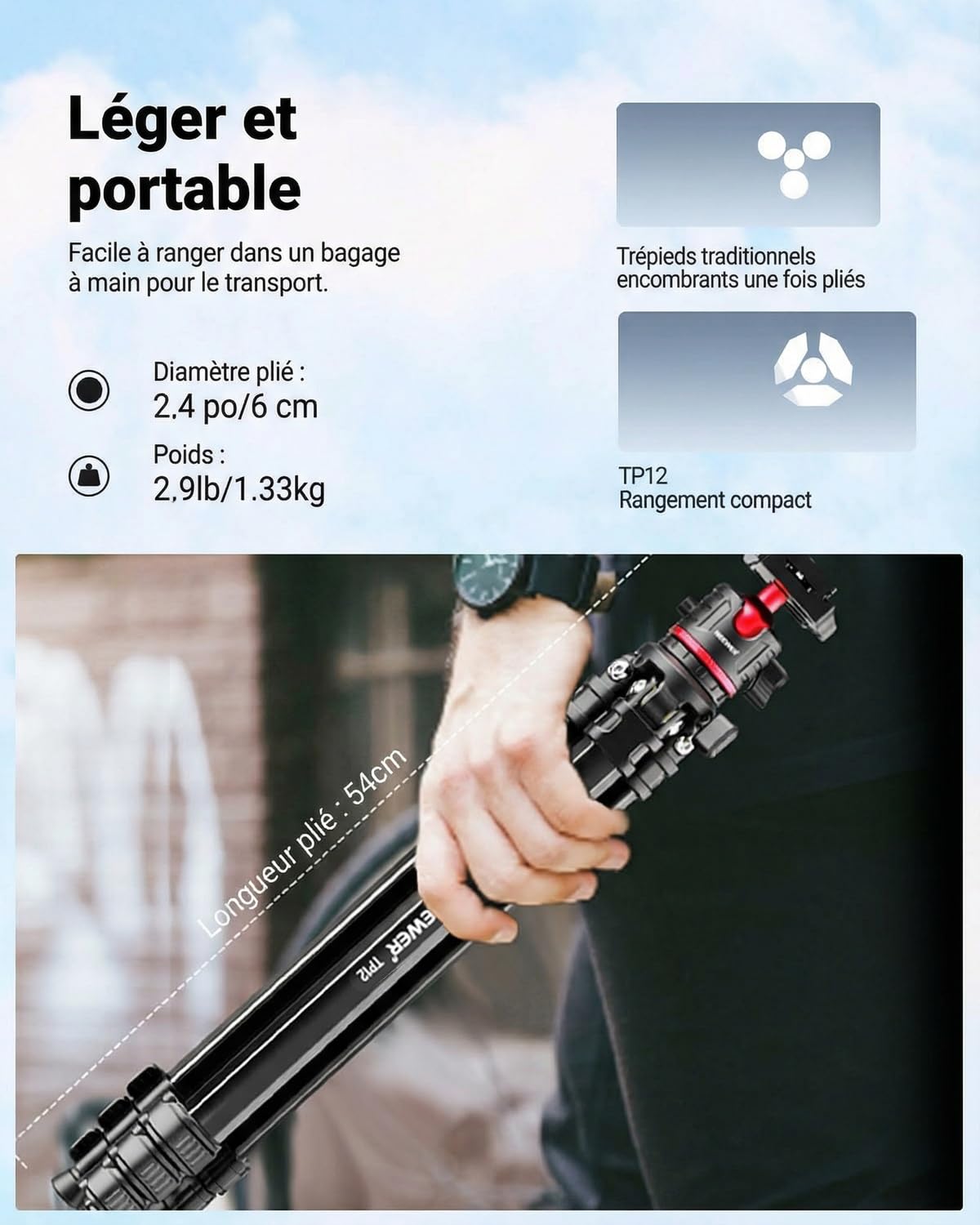 NEEWER Basics 66.5"/169cm Trépied Voyage pour Appareil Photo, Support léger et Portable pour Reflex numérique avec rotule, Plaque QR Arca, Support pour téléphone Portable, Charge maximale 11 LB, TP12