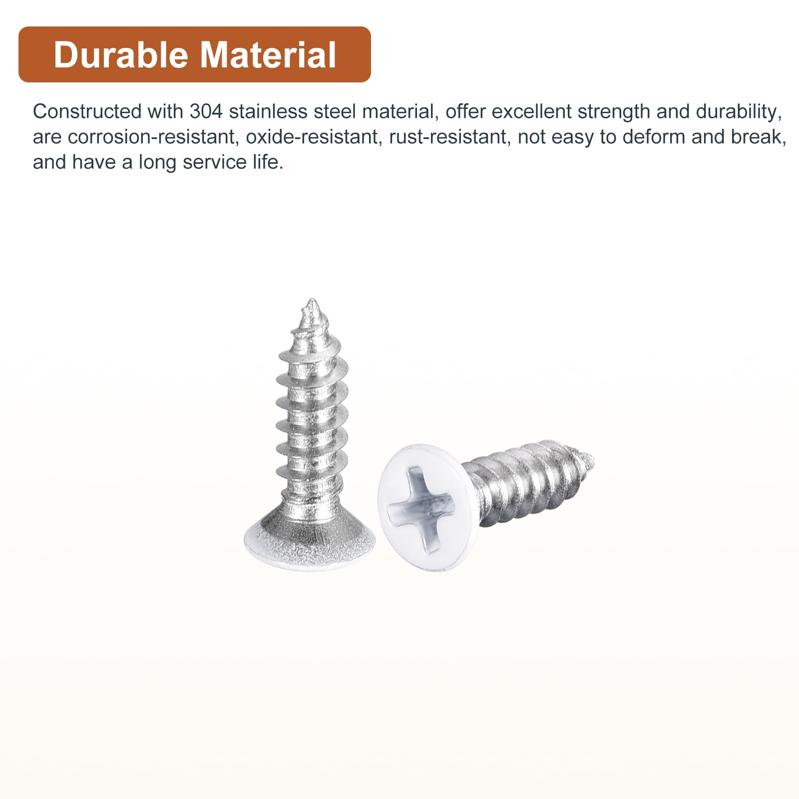 DTGN 50Pcs ST4x15mm Flat Head Wood Screws, 304 Stainless Steel White Phillips Self Tapping Screws - Image 3