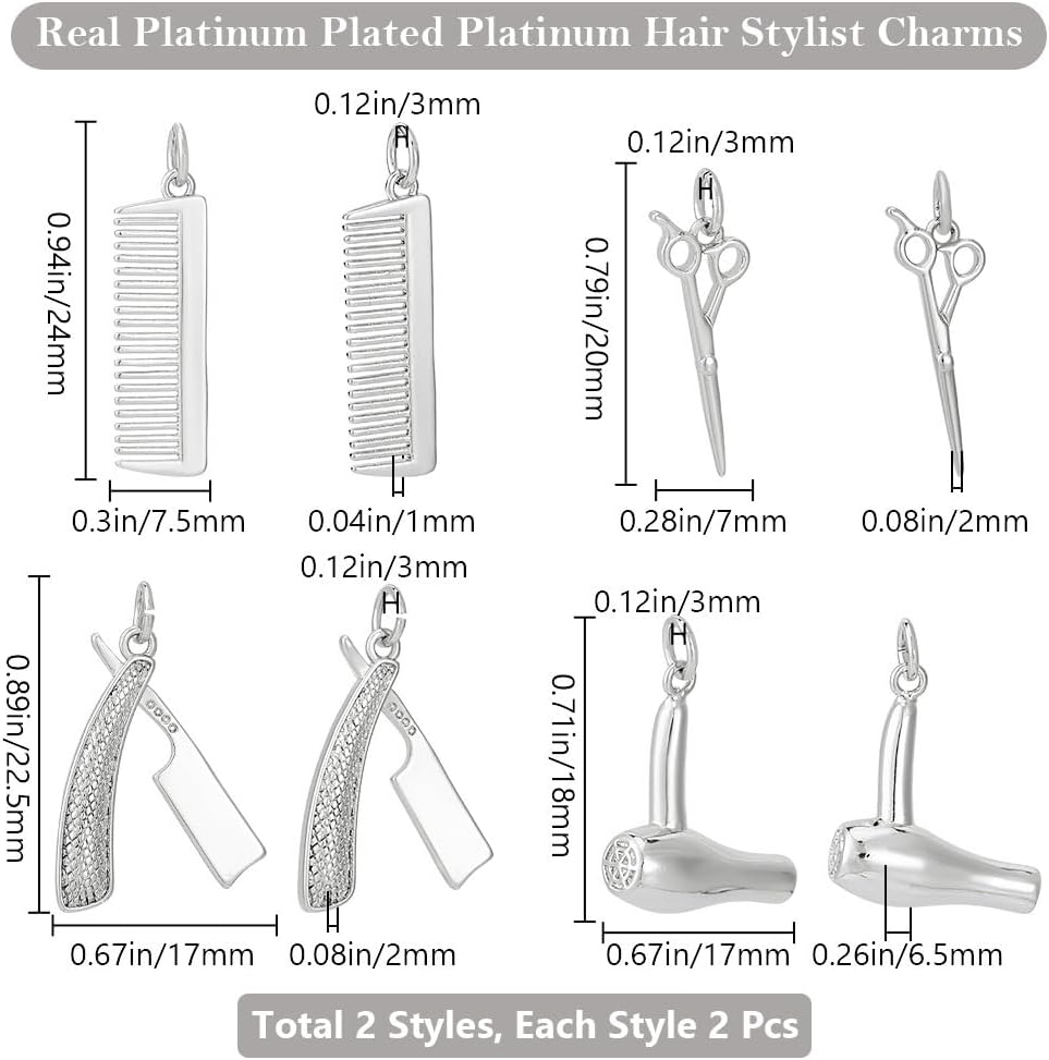 Beebeecraft 8Pcs 4 Styles Hairdresser Charms 18K Gold&Platinum Plated Scissor Dryer Comb Barber Charm for Craft Making - Image 2