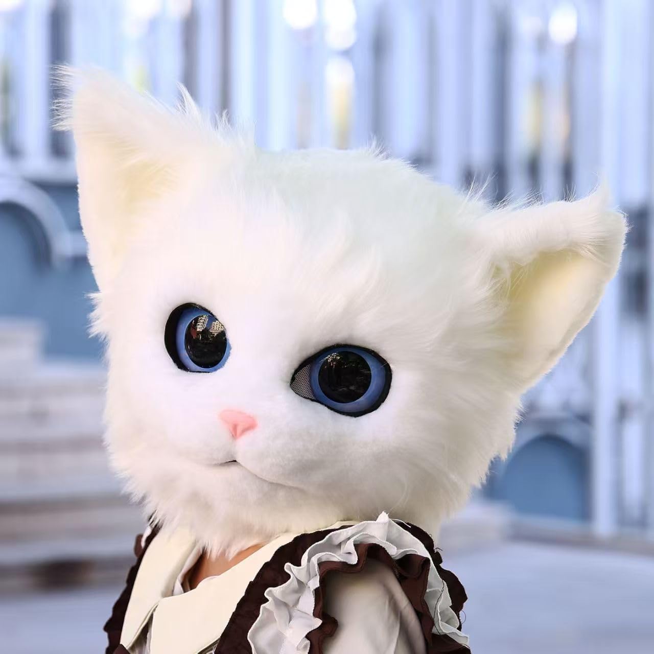 Realistic Cat Head Fursuit Mask, White and Gray Plush Costume with Blue Eyes, Professional Cosplay Mascot